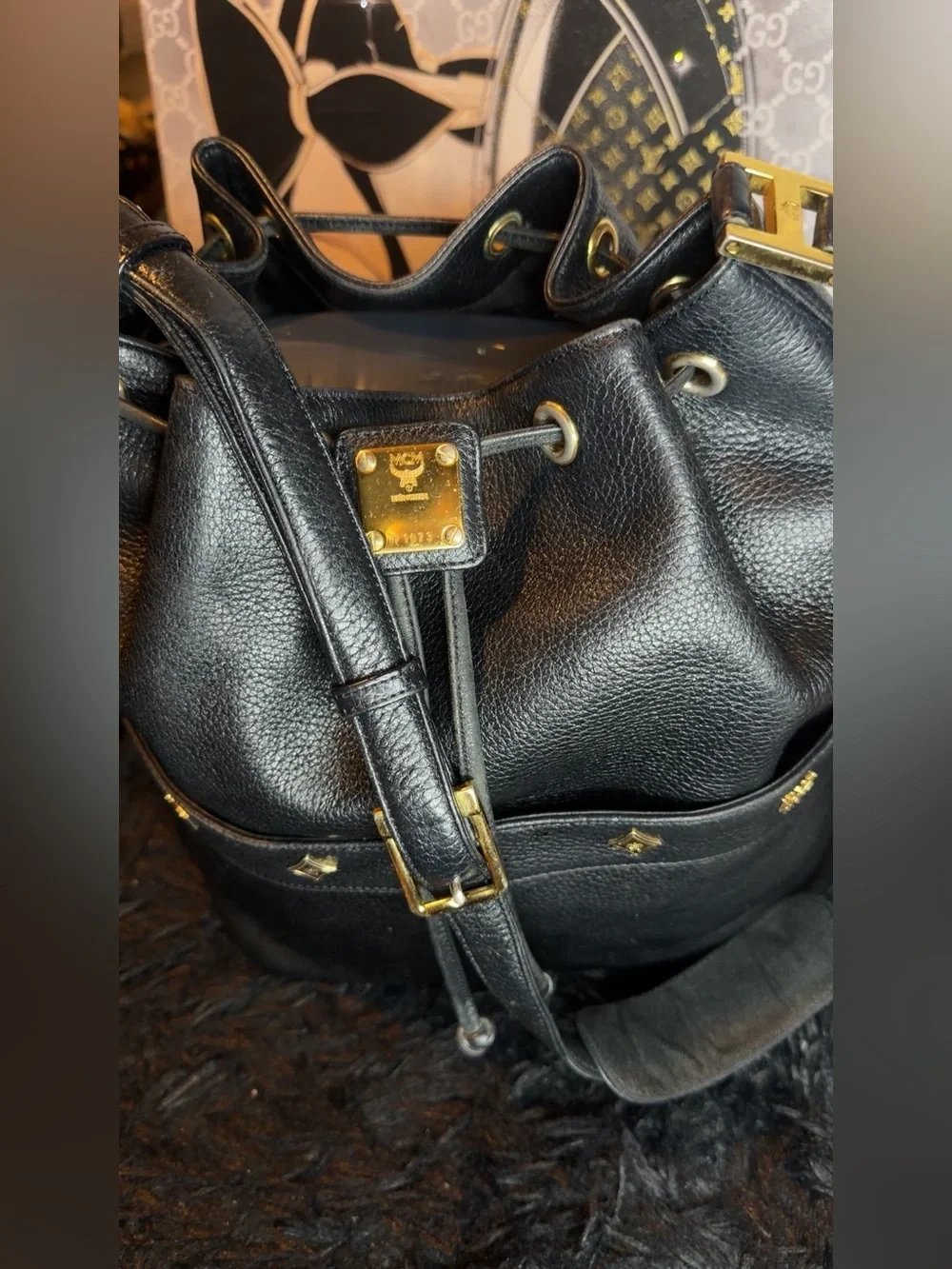 MCM Drawstring Bucket Bag with Gold Accents